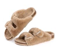 Cork Footbed Plush Slippers For Women Winter Fur Furry Slippers Home Fluffy Slides With Arch Support Fuzzy Flip Flops
