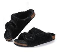 Cork Footbed Plush Slippers For Women Winter Fur Furry Slippers Home Fluffy Slides With Arch Support Fuzzy Flip Flops