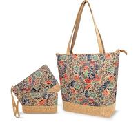 Cork Handbag 3-Piece Set: Vegan XL Tote Shopper + Cosmetic Bag with Wrist Strap + Coin Bag, Sustainable Cork Leather Women's Bag with Adjustable Shoulder Strap Large with Travel Beach Allt