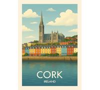 Cork Ireland Vintage Travel Poster Art Print, Cathedral Cityscape, Waterfront Architecture Wall Decor. Size A4