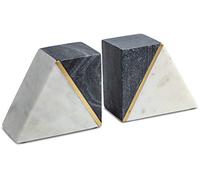 Cork & Mill Marble Book Ends for Shelves, Decorative Bookends for Heavy Books, Unique Mid Century Modern Gray and White Bookends with Brass Inlay, Heavy Duty Bookshelf Stopper, Set of 2