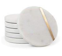 Cork & Mill Marble Coasters Set of 6 - Luxury Aesthetic Modern Decor for Coffee Table- White Marble with Gold Brass Inlay - Real Natural Semi Absorbent Stone Coasters