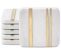 Cork & Mill Marble Coasters Set of 6 - Real Natural Stone - Luxury Aesthetic Square Coasters - Neutral White Marble with Gold Brass Inlay - Semi Absorbent Stone