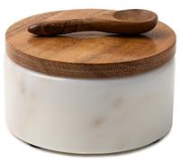 Cork & Mill White Marble Salt Cellar with Acacia Wood Lid and Spoon - Elegant Modern Salt Container for Countertop - Handcrafted Salt Box Keeps Salt Dry - Wide 4” Salt Pig with Non-Skid Feet