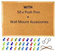 Cork Notice Pin Board Bulletin Vision Boards for Home Bedroom Offices Memo Message Pictures Planner Display Organiser Wood Frame Corkboard - Wall Mount Screws and 50 Push Pins - 400 x 300 mm