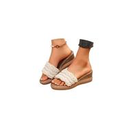 Cork Wedges Sandals for Women Retro Thick Sole Comfy Non slip Orthotic Sandals Barefoot Wedge Casual Summer Dressy Platform Slides with Pearl Decoration Wedding Vacation Party Footwear (Beige, 3.5)