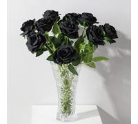 Corkwaw 8 Pcs Artificial Silk Flowers Realistic Roses Long stem Fake Roses in Bulk for Table Centerpieces Arrangement and Bridal Wedding Festival Decor Flower Arrangement (Black)
