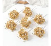 Corkwaw Metal Pearl Flowers Branch, Gold, 36 Pack | 1.5x5 Inch, Artificial Floral Picks, Wedding DIY Crafts, Headband Bouquet Decoration