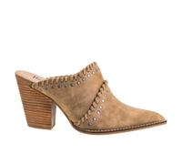 Corkys Footwear Hey Girl Blame The Bar Heeled Mule - 3.5 Inch Stacked Heel - Western Stitching and Metal Embellishments - Slip On Design - Signature Corkys Cushion - Pointed Toe Silhouette, Tan, 9 UK