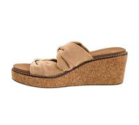 Corkys Footwear Miss Understood Women’s Wedge Sandal - Featuring a 2.5 Inch Heel, Ruched Double Straps with Metallic Accents, and a Cushioned EVA Insole, Camel Faux Suede, 9 UK