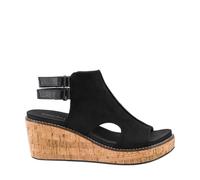Corkys Footwear Womens Falling Hard Wedge - Peep Toe Platform Sandal - 2.5 Inch Heel - 0.75 Inch Platform - Dual Hook and Loop Adjustable Back Straps - EVA Cushioned Insole, Black Faux Suede, 9 UK