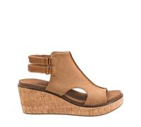 Corkys Footwear Womens Falling Hard Wedge - Peep Toe Platform Sandal - 2.5 Inch Heel - 0.75 Inch Platform - Dual Hook and Loop Adjustable Back Straps - EVA Cushioned Insole, Tobacco Faux Suede, 9 UK
