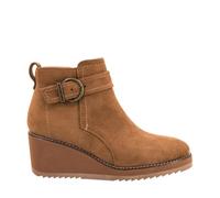 Corkys Footwear Womens Intuition Wedge Bootie - Round Toe Ankle Boot - 2.25 Inch Wedge Heel - Adjustable Side Buckle Strap Detail - Side Zip Closure - EVA Cushioned Insole for All Day Comfort, Camel