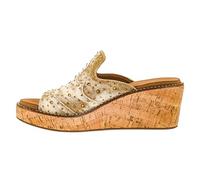 Corkys Footwear Women's Neon Moon 2.5-Inch Wedge, Featuring A Chic-Western Stitch Design on the Upper, Soft and Cushioned EVA Insoles For All Day Wear, Tan Washed Denim Rhinestone, 7 UK