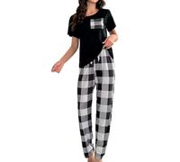 Cormfywear Girl's Soft Pajama Set Two Piece Casual Loungewear Short Sleeve Top and Plaid Trousers #A White Medium
