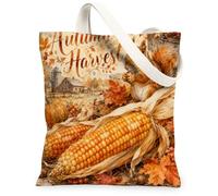 Corn Canvas Tote Bag for Women, Autumn Rustic Squirrel Pumpkin Fall Orange Washable Reusable Shopping Bag Ideas for Family, Orange, 13x15 Inch