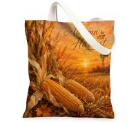 Corn Canvas Tote Bag for Women, Autumn Rustic Sunset Wheat Harvest Orange Washable Reusable Everyday Tote Bag Ideas for Tra, Orange, 13x15 Inch