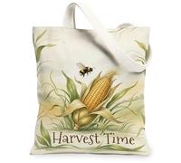 Corn Canvas Tote Bag for Women, Fall Natural Bee Leaves Harvest Yellow Washable Reusable Shopping Bag Ideas for Shopping Tr, Yellow, 13x15 Inch