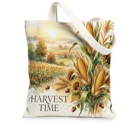Corn Canvas Tote Bag for Women, Harvest Rustic Sunflower Wheat Fall Yellow Washable Reusable Small Tote Bag Ideas for Trave, Yellow, 13x15 Inch
