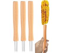 Corn Cob Holder | Kitchen Fork 3 Tips with Wooden Handle | Set of 4 Corn Pins | for Camping Grilling Roasting Fruits Vegetables BBQ Parties