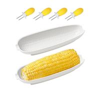 Corn Holders for Corn on the Cob, Ceramic Corn Cob Holders, 9.0" Corn on the Cob Dishes Set of 2, White Corn Cob Dishes with Non-Slip Bottom, with 4 corn cob Holders, Microwave/Dishwasher/Oven Safe