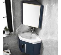 Corner Bathroom Cabinet with Mirror Space-Saving Floating Sink Unit Hot & Cold Faucet Mobile Storage for Small Bathrooms (Blue 43cm)