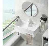 Corner Bathroom Sink Vanity Cabinet - Wall Mounted Floating Unit with Ceramic Basin Mirror & Towel Bar - Ideal for Small Toilet & Cloakroom Spaces