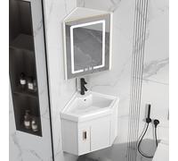 Corner Bathroom Sink with Vanity Wall-Mounted Basin Set for Small Spaces LED Mirror Cabinet Faucet Hole Included Bathroom Furniture for WC (White 42cm/16.5in)