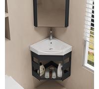 Corner Bathroom Vani Cabinet with Sink Wall Mounted Utili Basin Hot & Cold Faucet Combo Space-Saving Design for Small Bathrooms Slish Black 38x38 Inches
