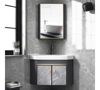 Corner Bathroom Vanity with Ceramic Sink and Mirror Cabinet, Wall Mounted | Corner Bathroom Vanity with Ceramic Sink & Mirror, Space-Saving Design for Small Bathrooms and Laundry Rooms