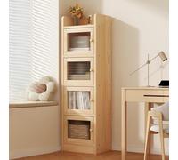 Corner Book Case for Small Space Multi-Layer Pine Wood Tall Thin Vertical Bookshelf with Acrylic Cabinet Door Against The Wall Gap Design