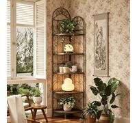 Corner Bookcase 5 Tier Freestanding Organizer, Rustic Rattan Weave Storage Rack for Living Room Bedroom, Space Saving Shelf, Brown Finish