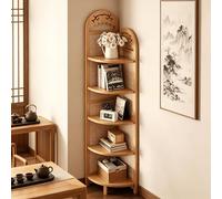 Corner Bookcase 5 Tier Freestanding Organizer, Rustic Rattan Weave Storage Rack for Living Room Bedroom, Space Saving Shelf, Brown Finish