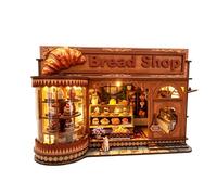 Corner Croissant Bakery Wooden Miniature House Kit with Warm LED