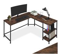 Corner desk computer desk office table wood metal industrial light dark shelf