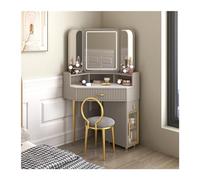 Corner Desk Makeup Vanity Set with Wooden Storage, Space-Saving Modern Triangle nizer, Circular Mirrors, Combined Locker, Writing Desk, Stylish Office Furniture