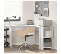 Corner Desk White 140x113.5x75cm Engineered Wood 2 Shelves Modern L-Shape Office
