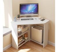 Corner Desk with Shelves Wooden L-Shaped Writing Desk Triangle Structure Office Workstation for Home Office (67x67x74cm 26x26x29inch) White