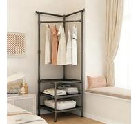 Corner Hall Tree with Double-Tier Shelving, 68.9in Tall Floor Standing Coat Rack, Metal Organizer for Entryway, Living Room, Bedroom