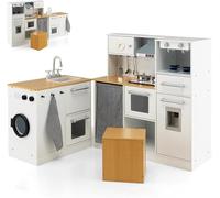 Corner Kids Kitchen Playset, Wooden Play Set for Toddler, Range Hood, Water Dispenser, Coffee Maker, Washer, Utensils, Stool, Modular Little Chef Pretend Toy w/Light & Sound