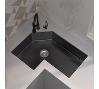 Corner Kitchen Sink, 304 Stainless Steel Triangle Corner Sink with Pull Down Sprayer Faucet and Waste Drain Kit for Small Kitchens, Kitchen Islands, and RVs(Black,80x65cm/31x25in)