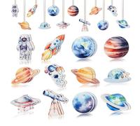 CORNER LACE 24 PCS Space Themed Wooden Hanging Ornaments, Outer Space Wood Cutouts Hanging Decorations DIY Crafts, Planet Astronaut Hanging Pendants for Solar System Galaxy Party Home Tree Decor