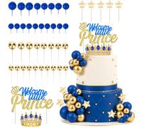 CORNER LACE 43 Pcs Prince Baby Shower Cake Decorations for Boys Blue Gold | Baby Shower Cake Decor, Royal Blue Gold Prince Theme, Crown And Star, Foam Ball Picks, Welcome Little Prince Party Supplies
