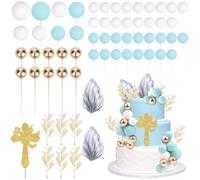 CORNER LACE 61Pcs Christening Cake Decorations - Blue Gold White Ball Dessert Picks Mini Balloons Foam Balls Cross Artificial Leaves Cupcake Toppers, Baby Shower Wedding Birthday Party Cake Supplies