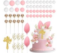 CORNER LACE 61Pcs Christening Cake Decorations - Pink Gold White Ball Dessert Picks Mini Balloons Foam Balls Cross Artificial Leaves Cupcake Toppers, Baby Shower Wedding Birthday Party Cake Supplies