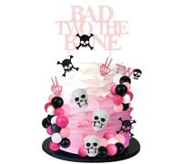 CORNER LACE Bad Two the Bone Cake Decorations for Girls Women Pink - Gothic Skeleton Skull Ball Cake Cupcake Toppers Ball Dessert Picks, RIP Twenties Rose Gold Cake Supplies
