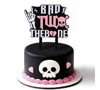 CORNER LACE Bad Two The Bone Cake Topper 2nd Birthday Decorations- Black Pink Acrylic Double Layer, Gothic Skeleton Skull Cake Pick, Halloween Rock Music Theme Second Bday Party Supplies