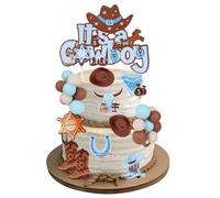 CORNER LACE Cowboy Baby Shower Cake Decorations, Blue Brown Color Theme Cowboy Boots Hats Ball Cake Decorations, Party Cake Toppers Figurines Decor Supplies Favors