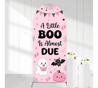 CORNER LACE Halloween Arch Backdrop Cover for Baby Shower 2.6 x 6 ft, Pink Black A Little Boo is Almost Due Spandex Fitted Chiara Arch Cover Cute Ghost Pumpkin Bat Party Photo Booth Decorations