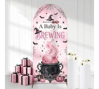 CORNER LACE Halloween Baby Shower Arch Backdrop Cover 2.6 x 6FT, Pink Witch Theme A Baby is Brewing Spandex Fitted Chiara Arch Cover Party Supply Photo Booth Background Decorations